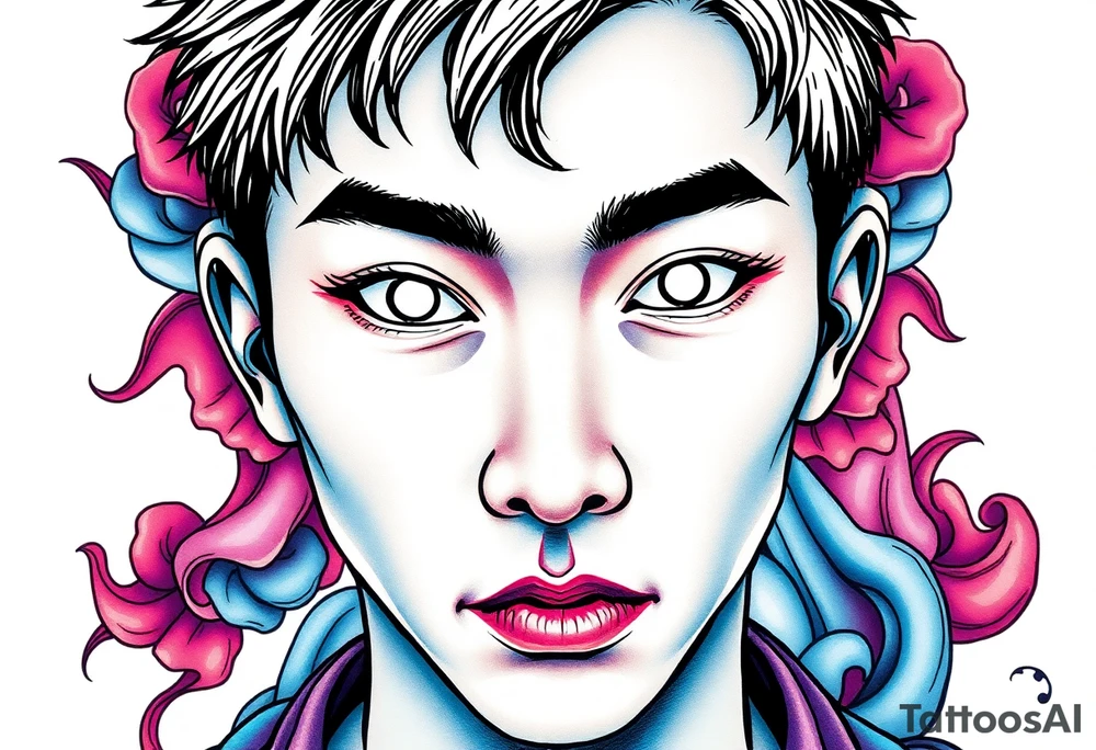 Handsome Asian young guy with white eyes tattoo idea