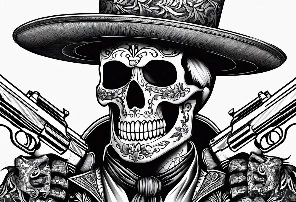 Skeleton charro holding pistols tattoo idea