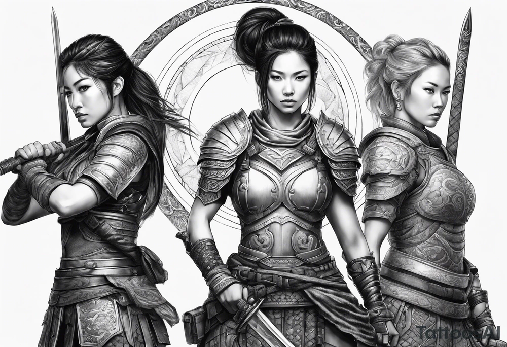 3 female warriors in body armor wielding dual swords, you can only see their backs, in front of a incomplete enso circle tattoo idea