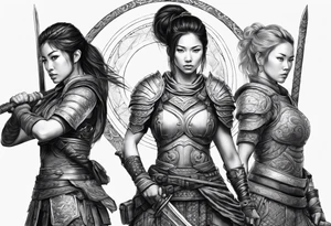 3 female warriors in body armor wielding dual swords, you can only see their backs, in front of a incomplete enso circle tattoo idea