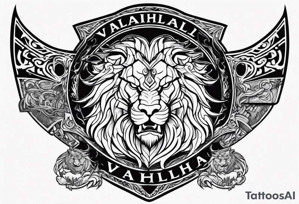 Valhalla sword shield dragon lion tattoo idea