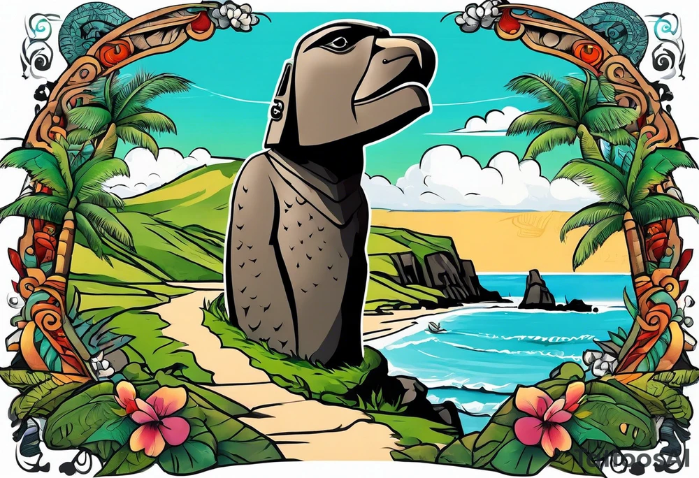 Upper arm piece of Easter island maoi on an island landscape and hawk circling above tattoo idea