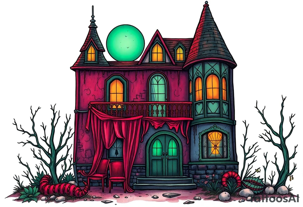 Tim Burton’s sex hotel from outside viewis abandoned and dripping with muted reds, dusty pinks, and eerie green glow. tattoo idea tattoo idea