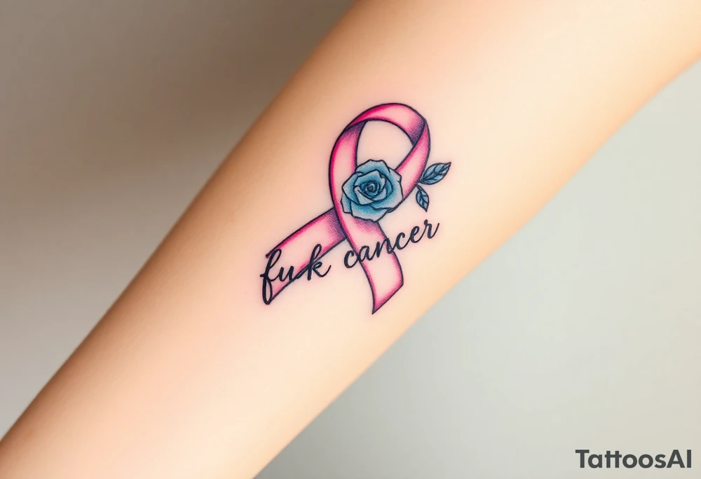 Pretty pink Cancer ribbon that says "fuck cancer"with blue roses tattoo idea