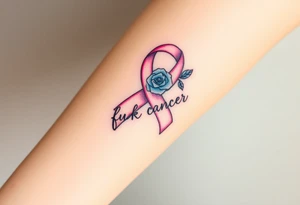 Pretty pink Cancer ribbon that says "fuck cancer"with blue roses tattoo idea
