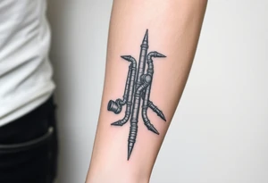 wide vertical System of pipes that transitions and transforms outwards of sides and end into thick, widespread 
veins of forearm tattoo idea