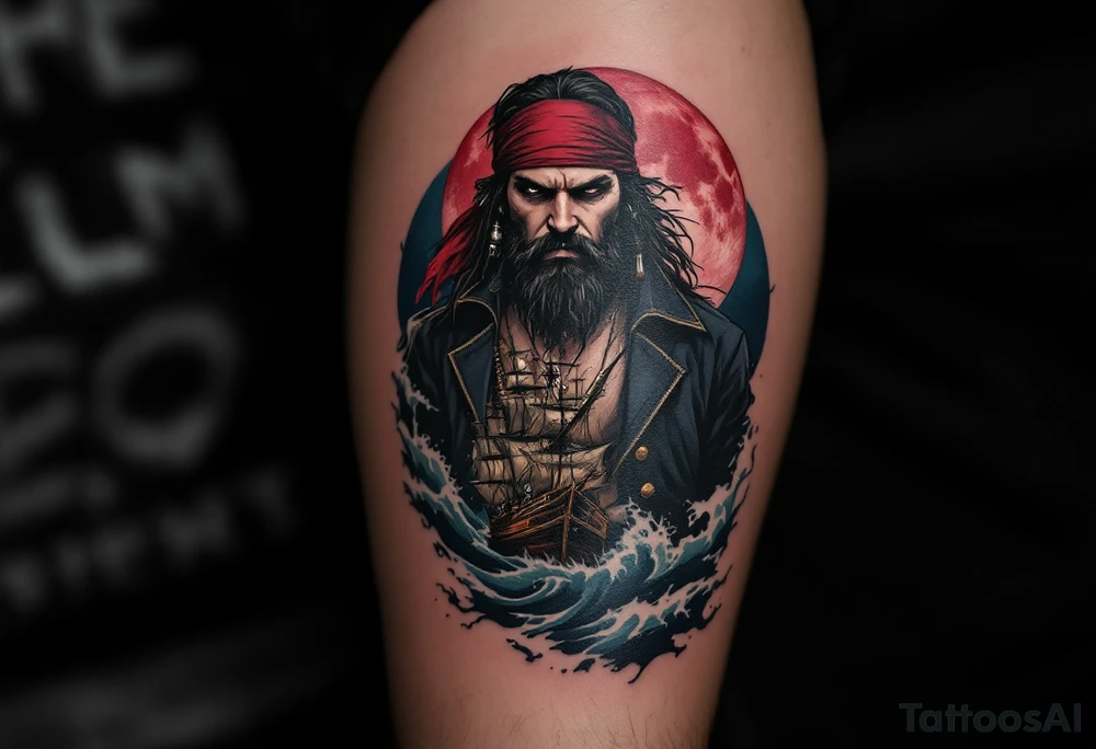 Blood Moon Buccaneer – A rugged pirate captain with a thick black beard, standing on the deck of a ship under a crimson full moon. His deep red bandana and gold-trimmed navy coat contrast with the eerie dark blue ocean waves crashing around him. tattoo idea