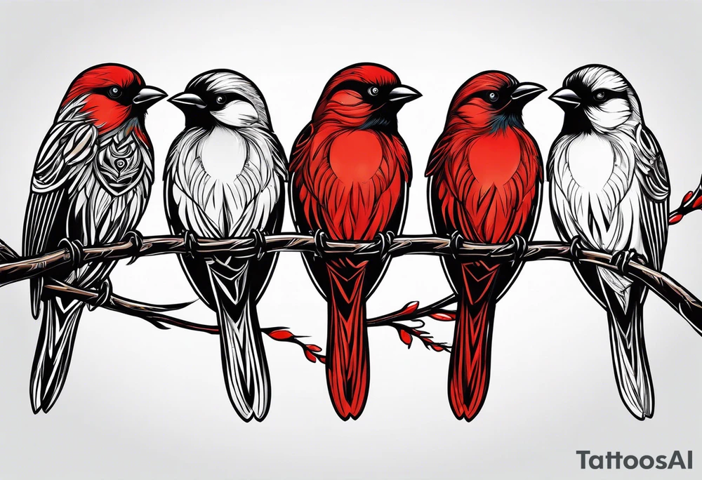 6 very small song birds flying near a red cardianl tattoo idea
