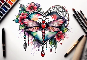 Watercolor tattoo of heart with cross going through the heart. Dragonfly flying on side with dreamcatcher tattoo idea