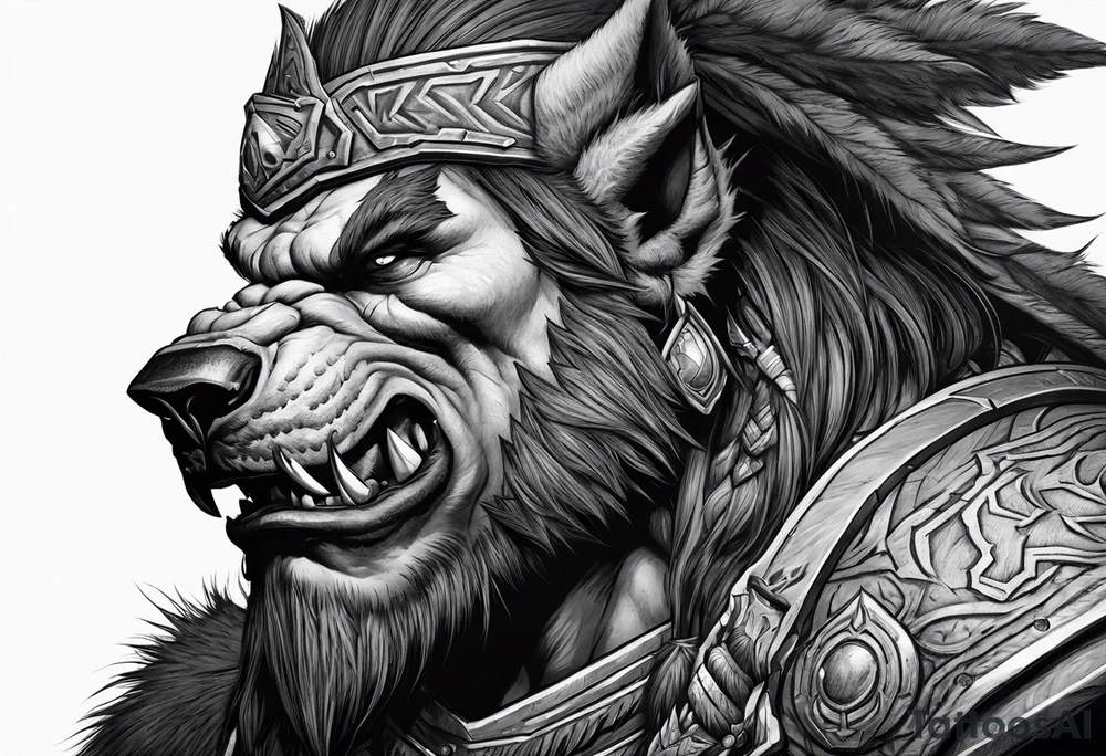 orc from world of warcraft with a dead dire wolf pelt on its head tattoo idea