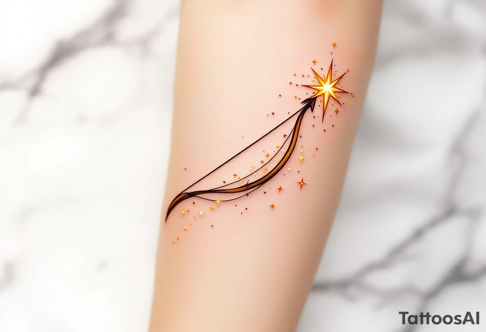 A shooting star with a long, flowing trail of golden past an archer's bow. The bow itself is earthy brown with a touch of copper highlights, while the star’s trail is dotted with bright yellow and white sparks, symbolizing Sagittarius' pursuit of dreams and ambitions. tattoo idea
