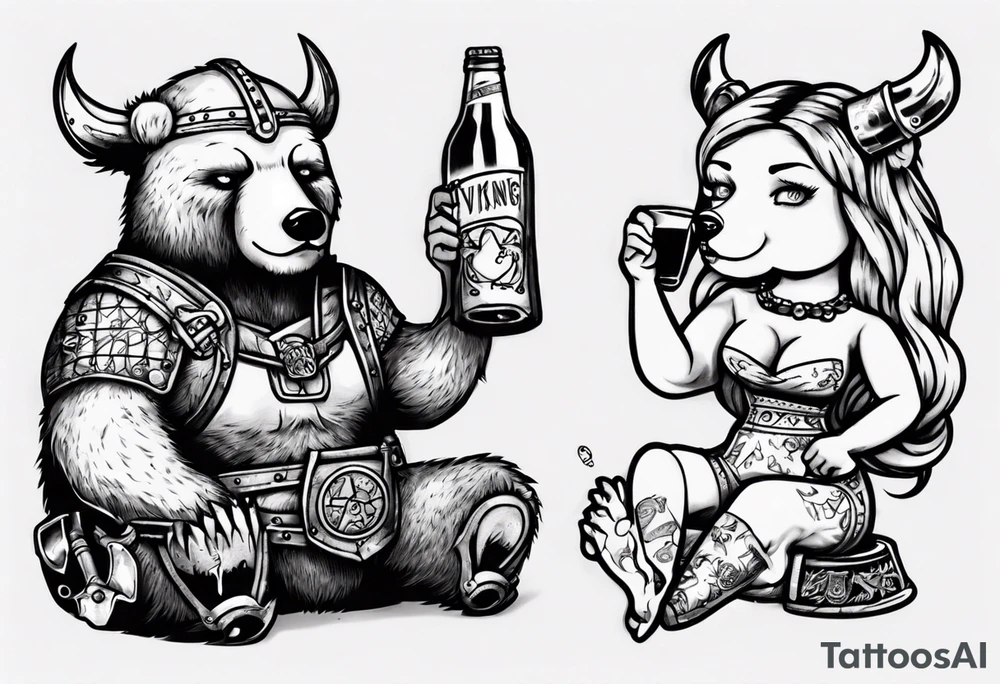 Viking and pin up doll drinking bear tattoo idea