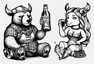 Viking and pin up doll drinking bear tattoo idea