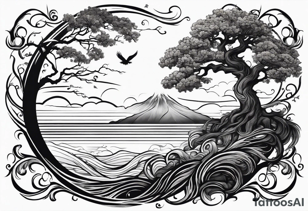 tall oak tree with roots growing around calming waves and a phoenix for forearm tattoo idea