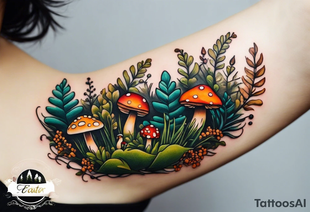 minimalistic forest floor inspired tattoo, which includes grass, moss, curly ferns and dead leaves as the bulk of the tattoo. details to include: forest berries, couple of very small brown mushrooms, a tiny bumblebee flying nearby tattoo idea