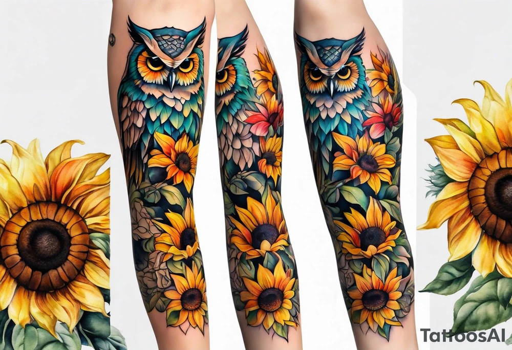 Leg sleeve with colorful sunflowers and an owl tattoo idea