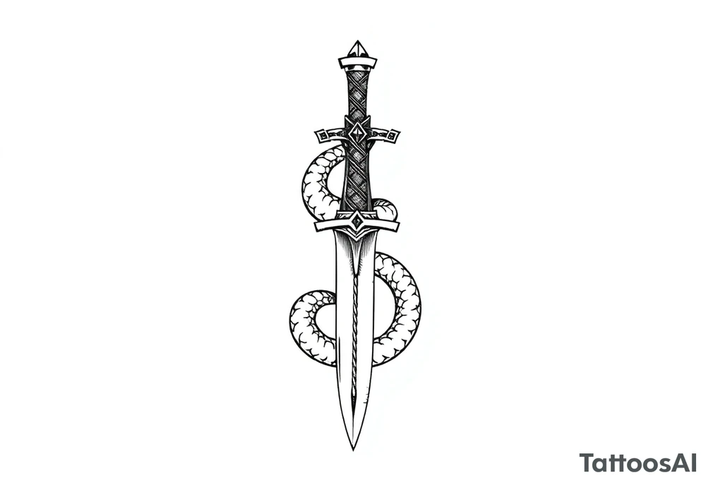 mystical snake coiled around an ancient dagger with jeweled hilt tattoo idea