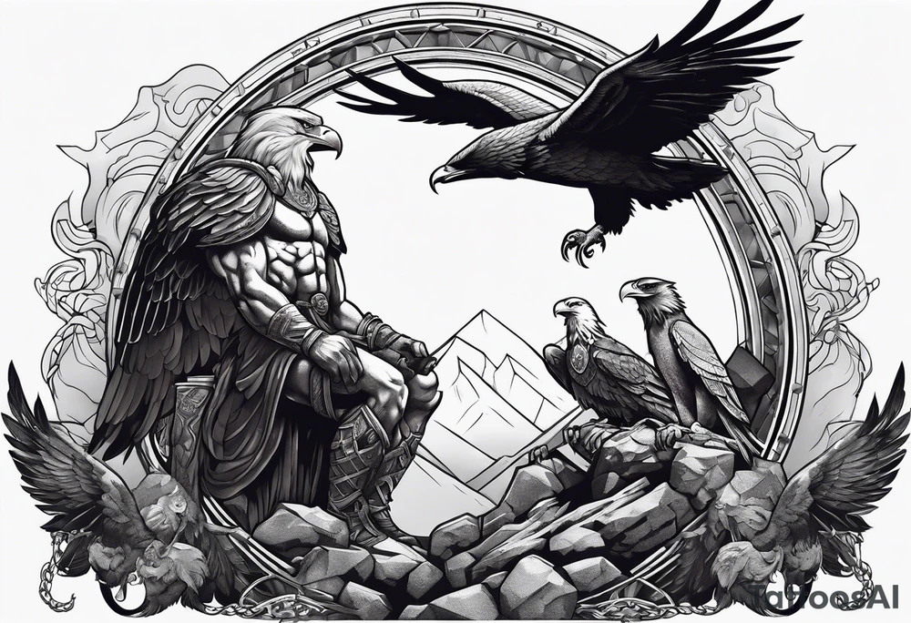 Prometheus laiing at a Rock chained and a Eagle who eats His liver tattoo idea