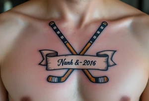 Crossed Hockey Sticks and Banner – Two detailed wooden hockey sticks (brown with black tape) crossed behind a scroll banner with a name or date in bold script. tattoo idea
