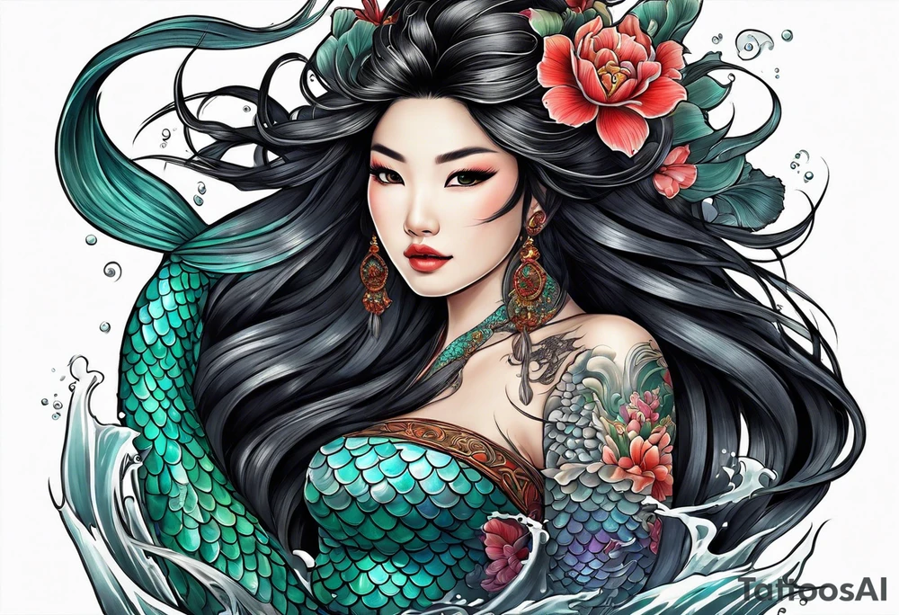 Asian mermaid with long black hair picks through shipwreck tattoo idea