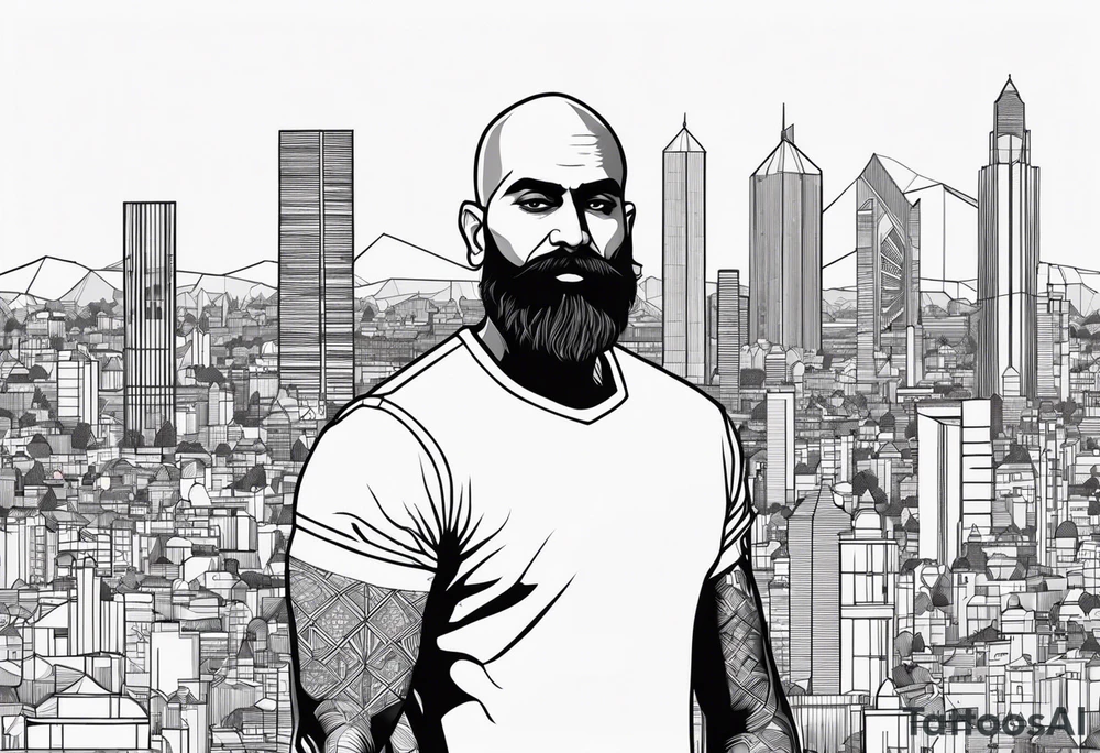 A muscular, bald, bearded, indian man within the cities he relates to- mumbai, new delhi and prague. Minimalistic geometric line tattoo tattoo idea