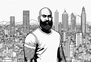 A muscular, bald, bearded, indian man within the cities he relates to- mumbai, new delhi and prague. Minimalistic geometric line tattoo tattoo idea