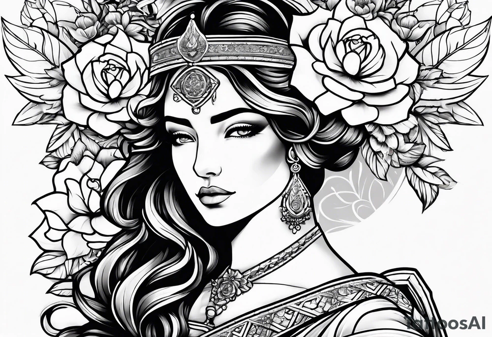 Goddess of justice with flowers tattoo idea