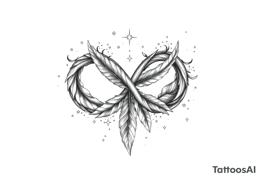infinity symbol woven with floating feathers and stardust tattoo idea