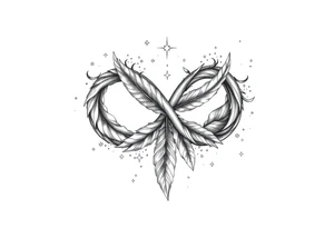 infinity symbol woven with floating feathers and stardust tattoo idea