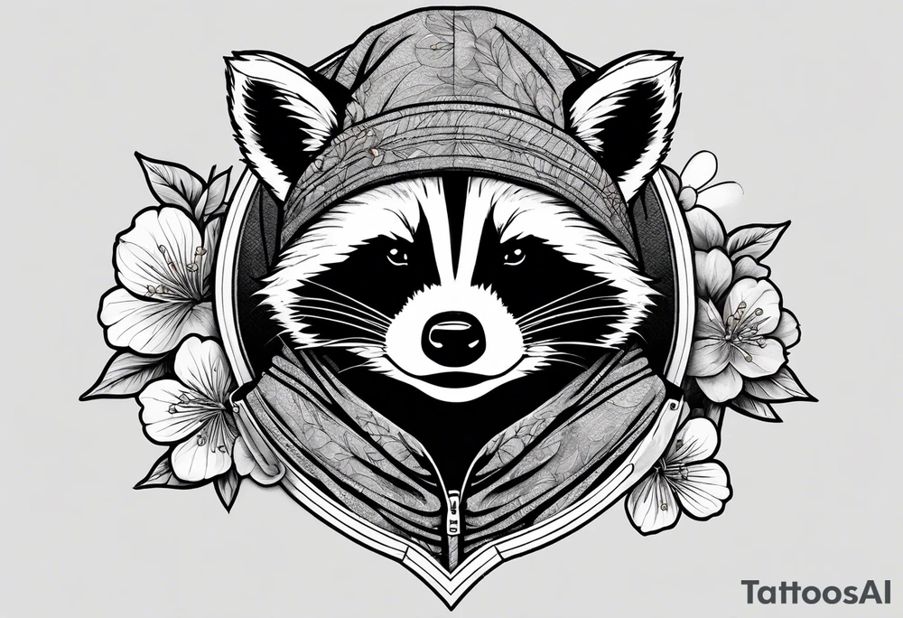 raccoon wearing a Superman hoodie with black and white logo and orange Japanese cherry blossoms tattoo idea