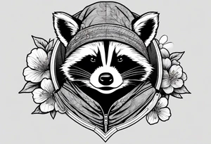 raccoon wearing a Superman hoodie with black and white logo and orange Japanese cherry blossoms tattoo idea