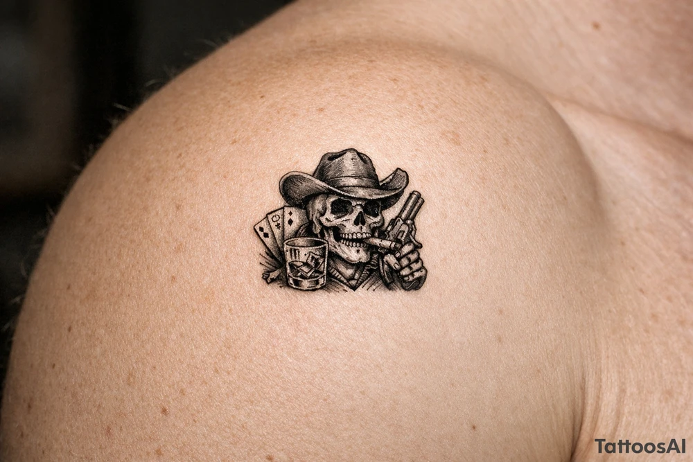 skull with cowboy-hat, cigar in his mouth, a gun in a hand, playing cards, whiskey-glass. tattoo idea