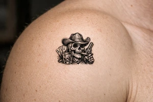 skull with cowboy-hat, cigar in his mouth, a gun in a hand, playing cards, whiskey-glass. tattoo idea