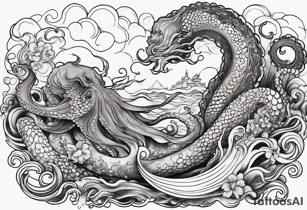 Giant octopus and mermaid frolicking in the sea tattoo idea