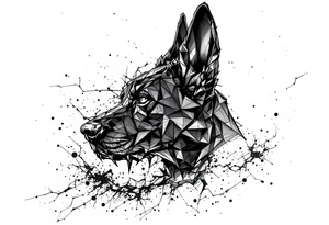 a creature that looks strongly like Anubis, a black Labrador and a black German Shepard, with the tall pointy ears of a jackal, looking back, serious and daring tattoo idea