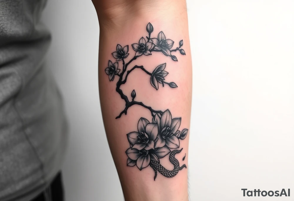 Orchid or cherry blossom tree and lotus and snake on a woman tattoo idea