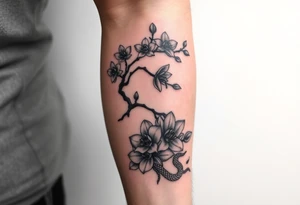 Orchid or cherry blossom tree and lotus and snake on a woman tattoo idea