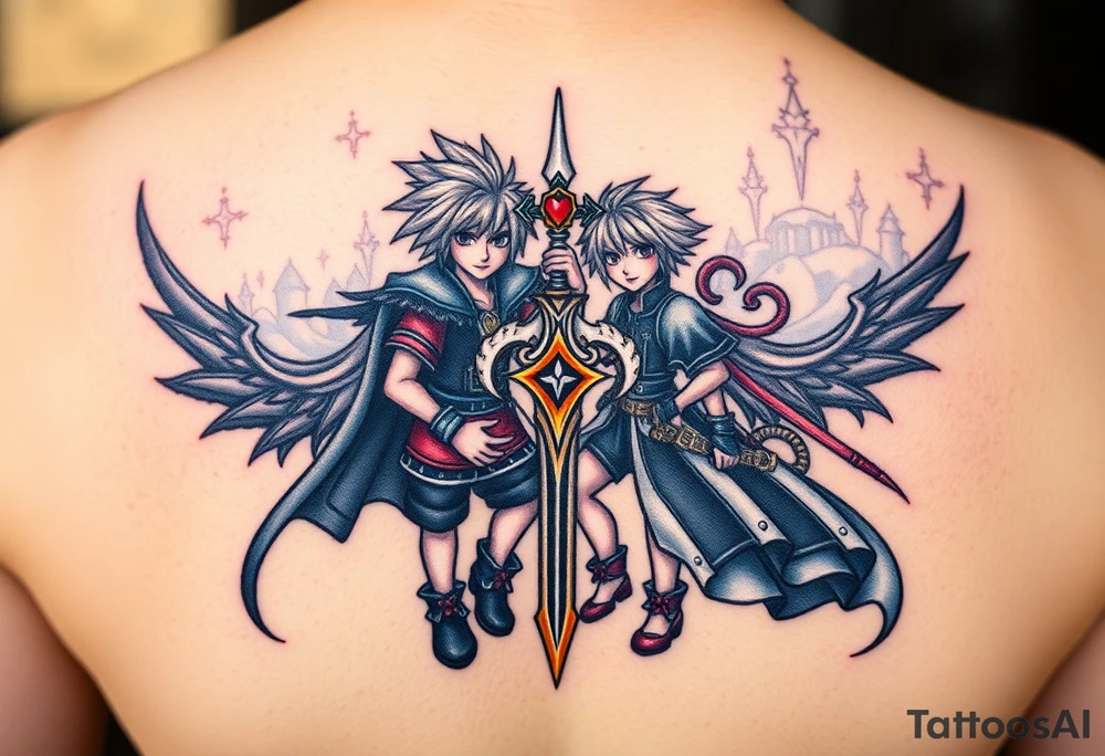 Kingdom Hearts tattoo design featuring from the game, together in a dynamic, united pose. The centerpiece should include the Heartless Keyblade, with a beautiful and ethereal Kingdom Hearts-inspired background—think glowing stars, floating islands, and stained-glass elements in backroung. The design should capture themes of friendship, light vs. darkness, and adventure. Style should be detailed, fantasy-oriented, and suitable for a large piece tattoo idea