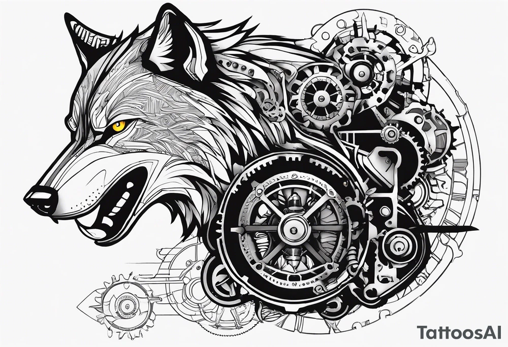 Powerful wolf powered by an engine featuring an "steampunk desing" in the image appears a psiton and a turbo, also the dseign must be vertical. Also, the desing must be minimalistic not saturated tattoo idea