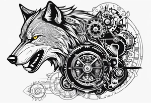 Powerful wolf powered by an engine featuring an "steampunk desing" in the image appears a psiton and a turbo, also the dseign must be vertical. Also, the desing must be minimalistic not saturated tattoo idea