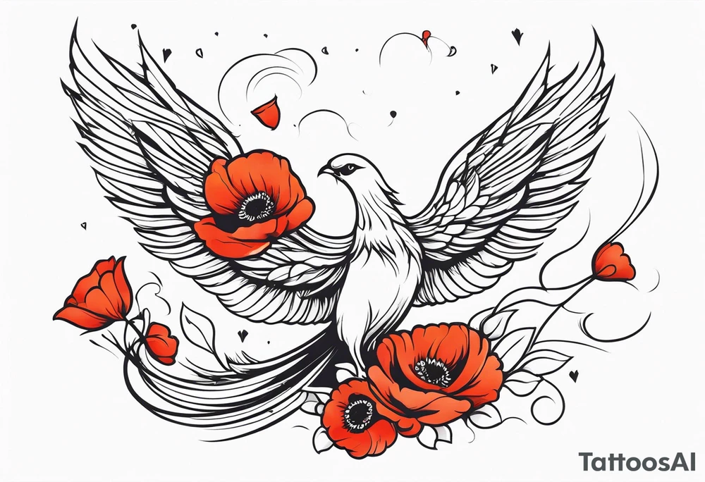 elongated phoenix in flight
in profile long tail with claws holding poppies falling tattoo idea