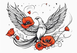 elongated phoenix in flight 
in profile long tail with claws holding poppies falling tattoo idea