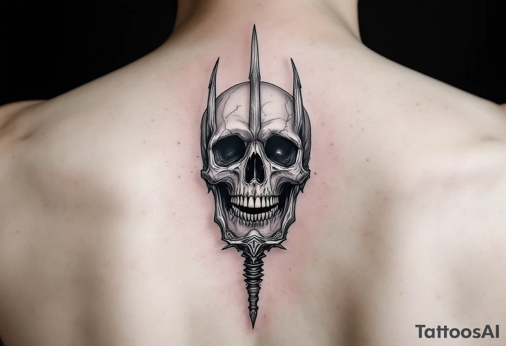 laughing skeleton face behind trident tattoo idea