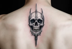 laughing skeleton face behind trident tattoo idea