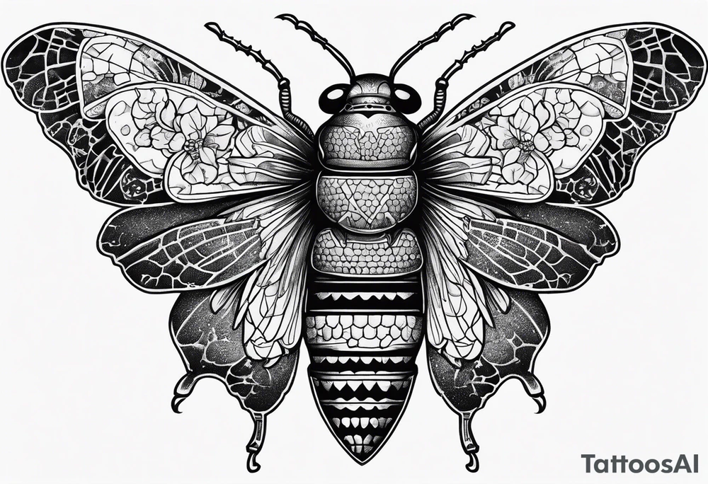 Cicada stippled and shaded with skulls on top and bottom tattoo idea
