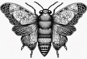 Cicada stippled and shaded with skulls on top and bottom tattoo idea