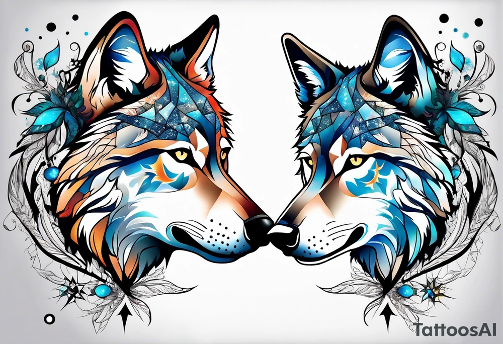 Constellation, two animal wolf, snowflake tattoo idea