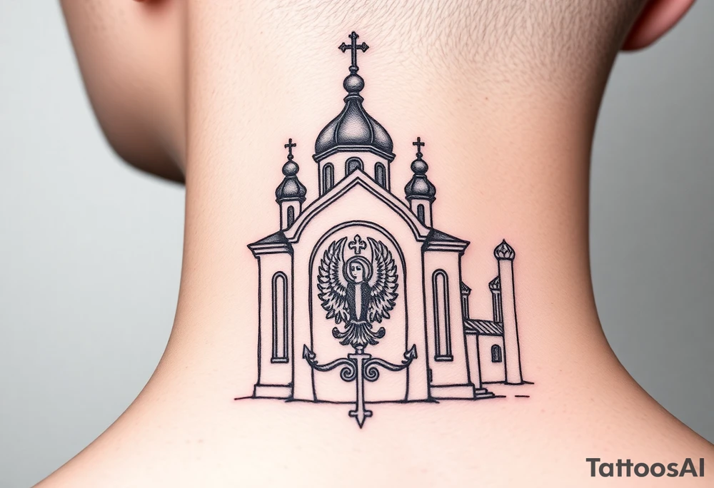 medium sized Russian orthodox church with bulb domes with a prominent russian orthodox coat of arms & virgin mary tattoo idea