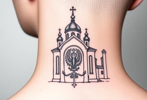 medium sized Russian orthodox church with bulb domes with a prominent russian orthodox coat of arms & virgin mary tattoo idea