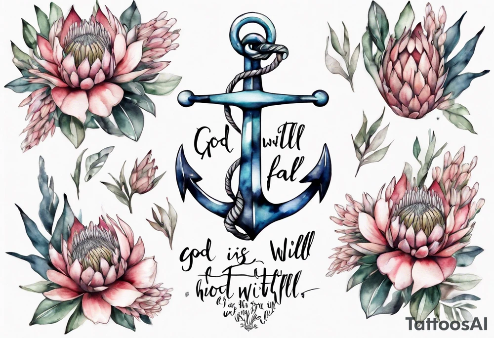 Very feminine tattoo of an anchor surrounded by 
protea flowers and the verse: God is within her, she will not fall. tattoo idea
